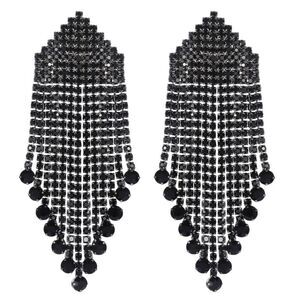 Gun Metal Black with Black Onyx Crystal Dangling Tassel Drop Post Back Earrings